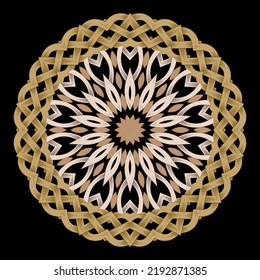 Floral braided mandala. Round ornamental textured frame. Tribal ethnic traditional vector background. Celtic beautiful pattern. Spiral braided modern ornaments. Colorful decorative abstract flower.