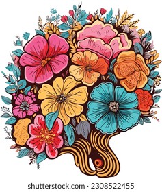 Floral brain isolated on a white background, Floral brain illustration 