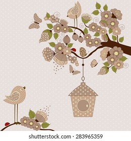 Floral branch with birds and butterflies