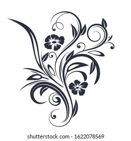 Floral branch. Black flat decoration. Vector illustration isolated on white background
