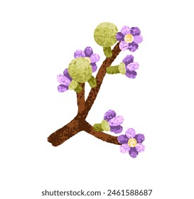 Floral branch in bloom. Beautiful spring blossom on tree twig. Delicate gentle summe flowers on sprig. Botanical decorative design element. Flat vector illustration isolated on white background