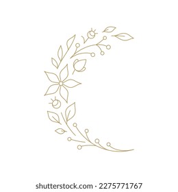 Floral branch bud leaves curved plant wedding beauty logo line art deco vintage vector illustration. Flower romantic twig leaf petal garden botanical aesthetic ornament blossom stem foliage icon