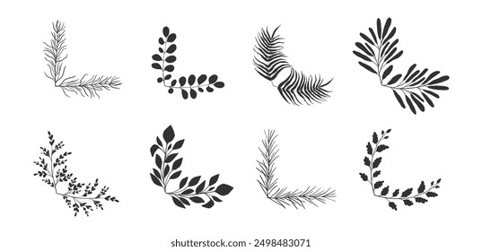 Floral branch corners set. Vector isolated botanical borders collection