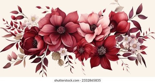 floral branch. Flower red, burgundy, purple rose, green leaves. Wedding concept with flowers. Floral poster, invite. Vector arrangements for greeting card or invitation design