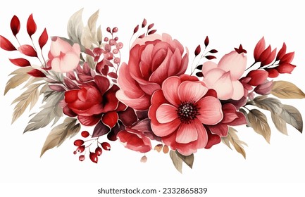 floral branch. Flower red, burgundy, purple rose, green leaves. Wedding concept with flowers. Floral poster, invite. Vector arrangements for greeting card or invitation design