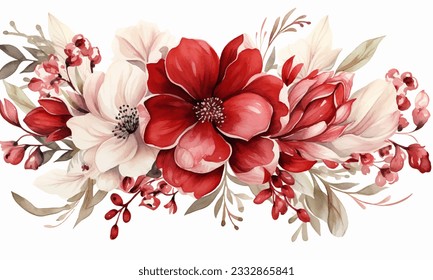 floral branch. Flower red, burgundy, purple rose, green leaves. Wedding concept with flowers. Floral poster, invite. Vector arrangements for greeting card or invitation design