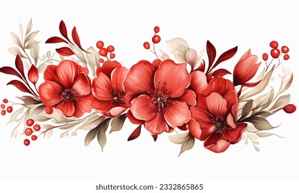 floral branch. Flower red, burgundy, purple rose, green leaves. Wedding concept with flowers. Floral poster, invite. Vector arrangements for greeting card or invitation design