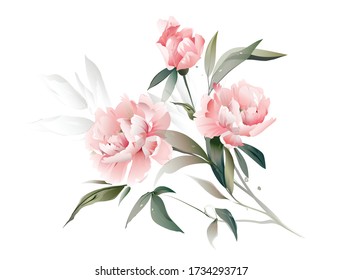 floral branch. Flowers peonies, green leaves. Wedding concept with flowers. Floral poster, invite. Vector arrangements for greeting card or invitation design