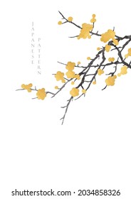 Floral branch with gold and black texture vector. Japanese pattern with cherry blossom flower decoration in vintage style.