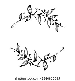 Floral branch hand drawn circle wreath, vector illustration frame for card or invitations, isolate on white background