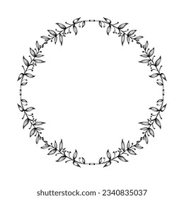 Floral branch hand drawn circle wreath, vector illustration frame for card or invitations, isolate on white background