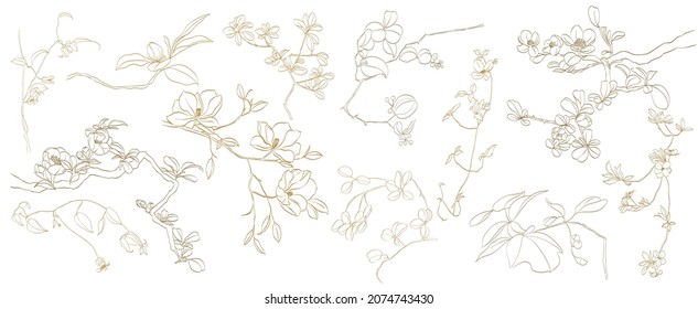 Rama floral. Hierba de boda, planta y monograma de línea dibujada a mano con hojas elegantes para invitación, ahorran el diseño de la tarjeta de fecha. Vector de vegetación botánico rústico de moda. paquete vectorial de flores