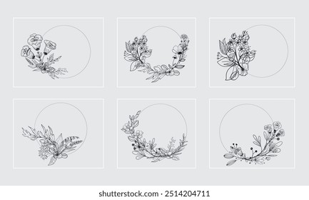 Floral branch and Hand drawn floral for logo, tattoo. Hand drawn line wedding plan, elegant leaves for invitation date card etc. Botanical all layout vector illustration
