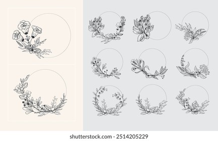 Floral branch and Hand drawn floral for logo, tattoo. Hand drawn line wedding plan, elegant leaves for invitation date card etc. Botanical all layout vector illustration
