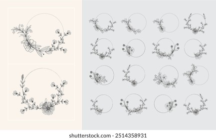 Floral branch and Hand drawn floral for logo, tattoo. Hand drawn line wedding plan, elegant leaves for invitation date card etc. Botanical all layout vector illustration