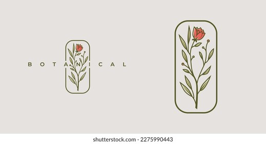 Floral Branch Logo. Botanical minimal natural icon with a blooming red bud rose in a simple straight frame. Muted vintage colors with name company inside the illustration. Template design.