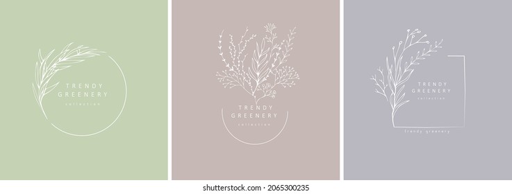 Floral Branch Logo Set. Hand Drawn Wedding Herb, Homeplant With Elegant Leaves For Invitation Save The Date Card Design. Botanical Rustic Trendy Greenery Vector