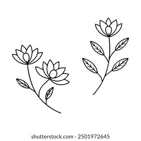 floral branch and minimalist flower vector illustration, hand drawn line wedding herb