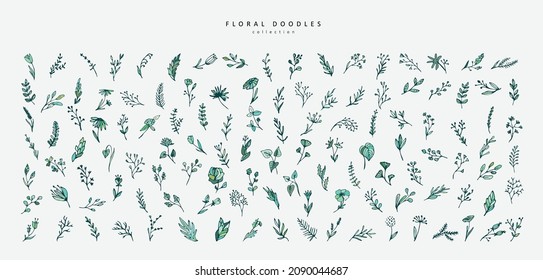 Floral Branch And Minimalist Flowers For Logo Or Tattoo. Hand Drawn Line Wedding Herb, Elegant Leaves For Invitation Save The Date Card. Botanical Rustic Trendy Greenery