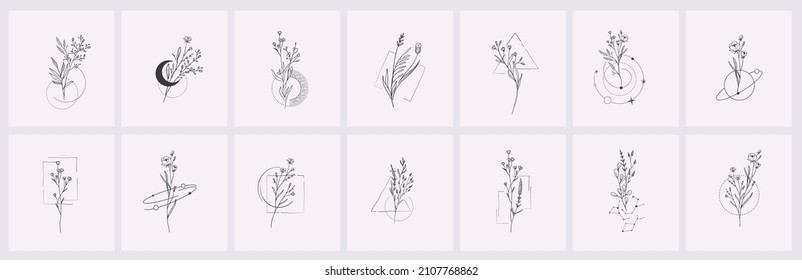 Floral branch and minimalist flowers for logo or tattoo. Hand drawn line wedding herb, elegant leaves for invitation save the date card. Botanical rustic trendy greenery