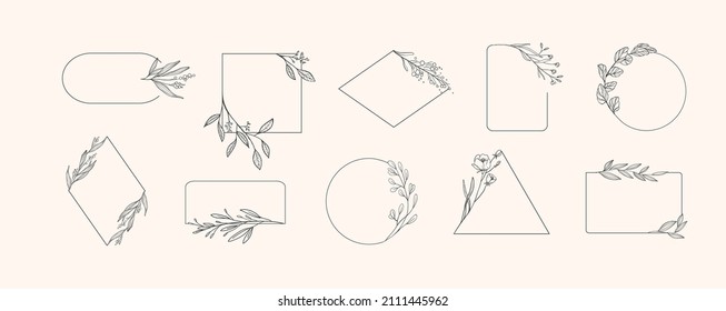 Floral branch and minimalist flowers for logo or tattoo. Hand drawn line wedding herb, elegant leaves for invitation save the date card. Botanical rustic trendy greenery