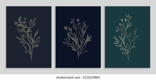 Floral branch and minimalist flowers for logo or tattoo. Hand drawn line wedding herb, elegant leaves for invitation save the date card. Botanical rustic trendy greenery