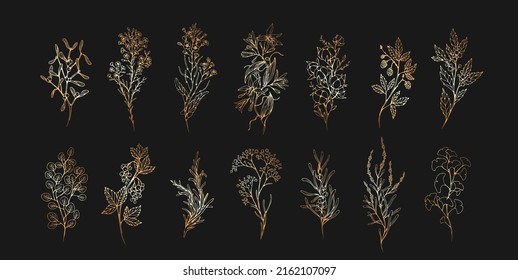 Floral branch and minimalist flowers for logo or tattoo. Hand drawn line wedding herb, elegant leaves for invitation save the date card. Botanical rustic trendy