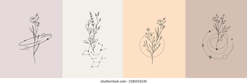 Floral branch and minimalist flowers for logo or tattoo. Hand drawn line wedding herb, elegant leaves for invitation save the date card. Botanical rustic trendy greenery vector