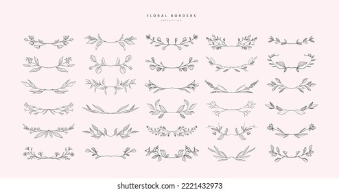 Floral branch and minimalist flowers for logo or tattoo. Hand drawn line wedding herb, elegant leaves for invitation save the date card. Botanical rustic trendy greenery