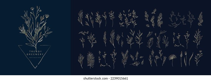 Floral branch and minimalist flowers for logo or tattoo. Hand drawn line wedding herb, elegant leaves for invitation save the date card. Botanical rustic trendy greenery