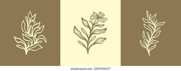 Floral branch and minimalist flowers for logo. Hand drawn line wedding herb, elegant leaves. Universal creative premium symbol. Vector sign icon logo template. Vector illustration