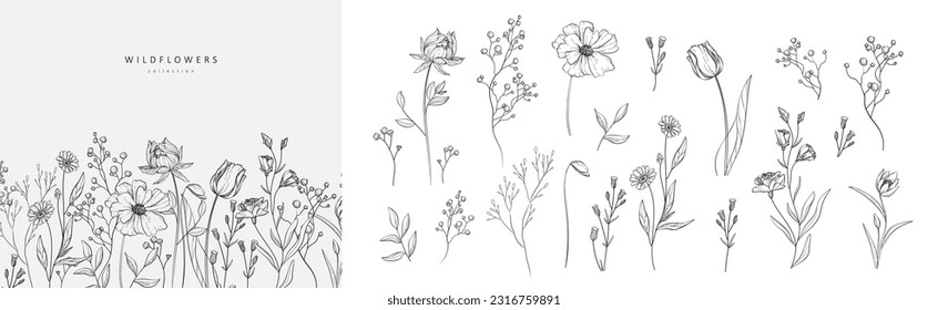 Floral branch and minimalist flowers for logo or tattoo. Hand drawn line wedding herb, elegant leaves