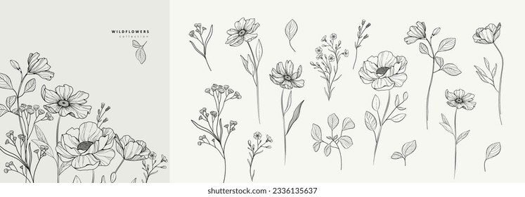 Floral branch and minimalist flowers for logo or tattoo. Hand drawn line wedding herb, elegant leaves