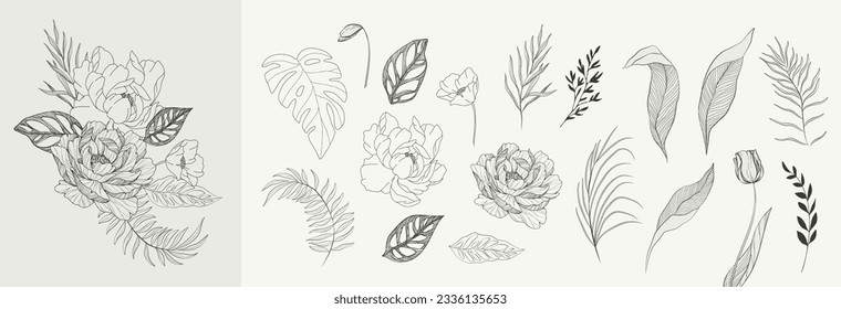 Floral branch and minimalist flowers for logo or tattoo. Hand drawn line wedding herb, elegant leaves