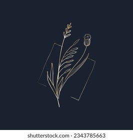 Floral branch and minimalist flowers for logo or tattoo. Hand drawn line wedding herb, elegant leaves for invitation save the date card. Botanical rustic trendy greenery