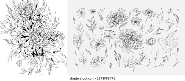 Floral branch and minimalist flowers for logo or tattoo. Hand drawn line wedding herb, elegant leaves for invitation save the date card. Botanical rustic trendy greenery - Shutterstock ID 2393998771