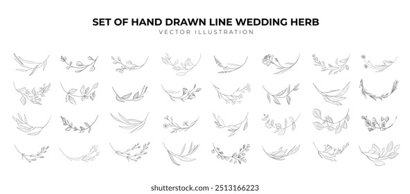 Rama floral y flores minimalistas para logo o tatuaje. Guardar Línea dibujada a mano hierba de la boda, hojas elegantes para la invitación. Verdor rústico botánico de moda