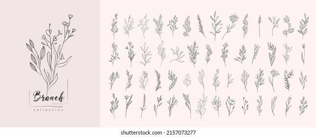 Floral branch and minimalist leaves for logo or tattoo. Hand drawn line wedding herb, elegant wildflowers. Minimal line art drawing for print, cover or wallpaper - Shutterstock ID 2157073277