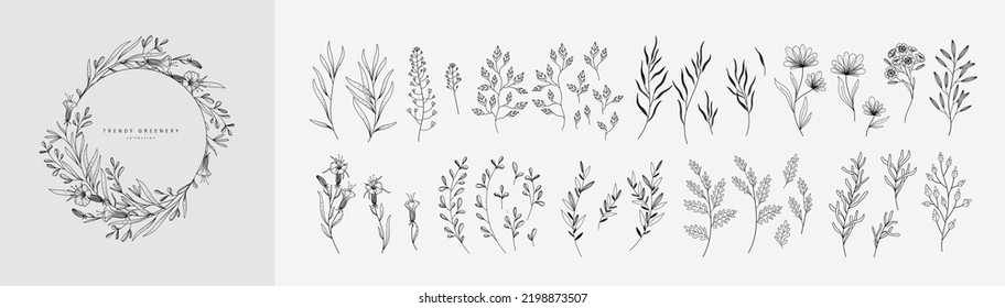 Rama floral y hojas minimalistas para logotipo o tatuaje. Hierba de bodas de la línea trazada a mano, flores silvestres elegantes para invitación salva la tarjeta de fecha. Vector de vegetación botánico-rústico de moda