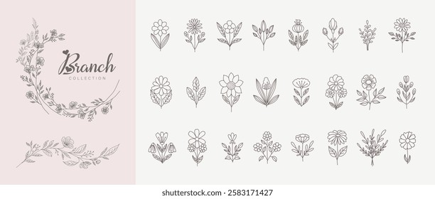 Floral branch and minimalist leaves for logo or tattoo. Hand drawn line wedding herb, elegant wildflowers. Minimal line art drawing for print, cover or wallpaper