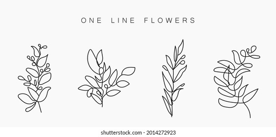 Floral branch set. Hand drawn wedding herb, plant and monogram with elegant leaves for invitation save the date card design. Botanical rustic trendy greenery collection vector. One line drawing flower
