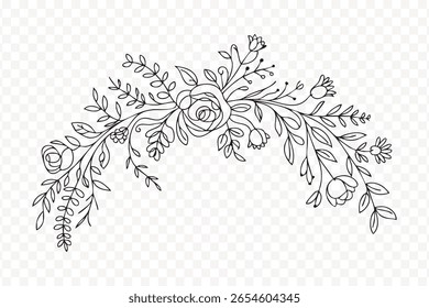 Floral Branch Vector Illustration on Transparent Background PNG Image Line Art Design