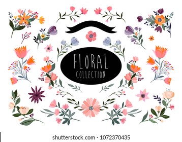 Floral branches collection with hand drawn elements