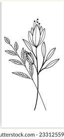 Floral branches and minimalist flowers for logo or tattoo. Hand-drawn line wedding herb, elegant leaves.