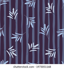 Floral branches, random seamless doodle ornament pattern. Hand drawn backdrop with purple striped background. Perfect for fabric design, textile print, wrapping, cover. Vector illustration.