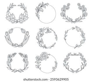 Floral branches round frames. Elegant round wreaths from linear twigs, circle with leaves and flowers, botanical design elements, hand drawn vintage card splendid isolated vector set