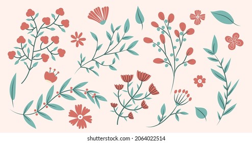 Floral branches simple elements collection. Botany flat isolated set. Different flowers and leaves in trendy flat design.