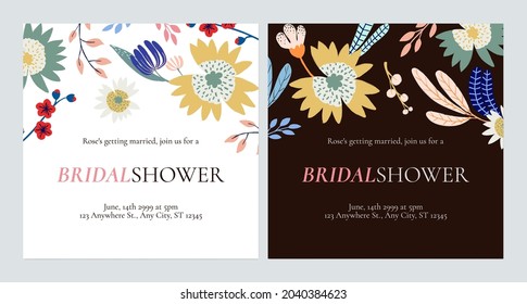 Floral bridal shower invitation card template design, flowers and leaves illustration, bright and dark theme