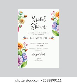 Floral bridal shower invitation painted with watercolor. editable vector background