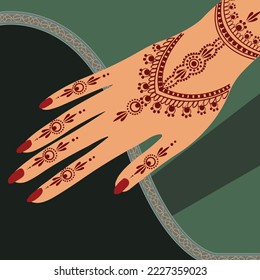 Floral Bride Henna Mehndi Vector Hand Illustration Design, Henna Mehndi Hands Vector Party Henna with Green background, Bride Mehandi Mehndi Design